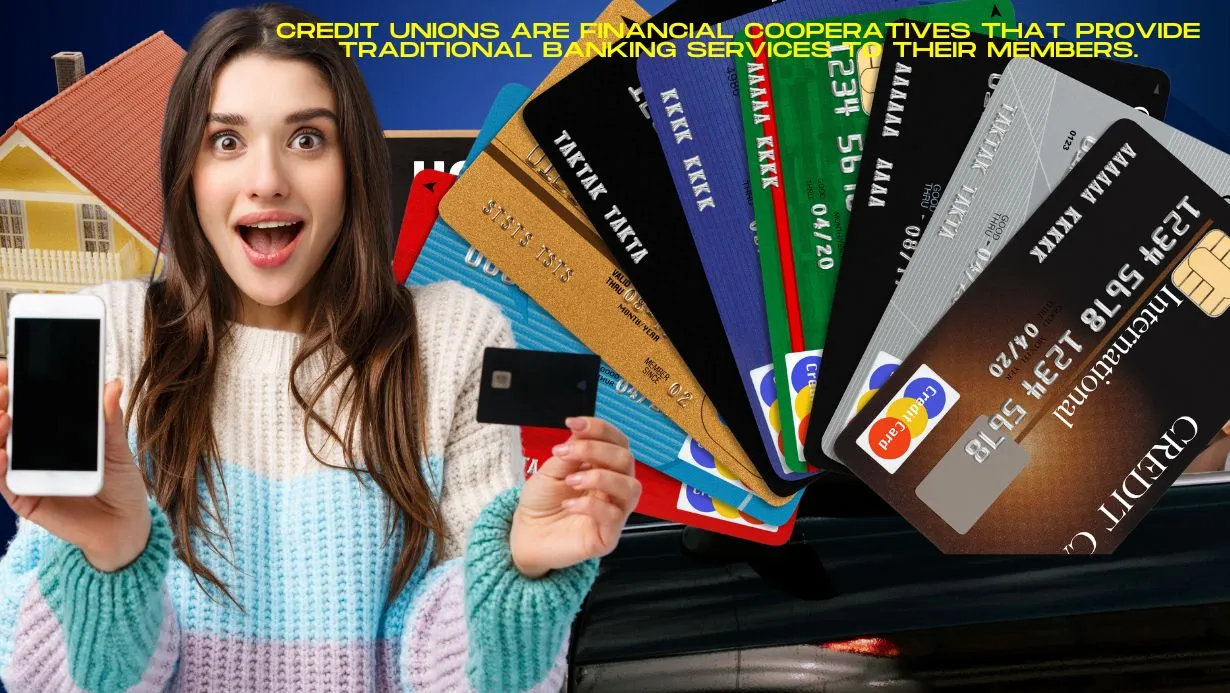 Smiling African American woman is happy on approval of her Car loan with a backdrop featuring a young woman with a smartphone and credit card, and a large text 'Role of Credit Unions in Personal Finance