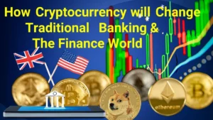 Graphic illustration showing the impact of cryptocurrency on traditional banking and the finance world, featuring cryptocurrency coins like Bitcoin, Dogecoin, and Ethereum, a digital tablet representing modern banking technology, stock market graphs, and flags of the UK and USA