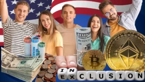 Group of young adults with an American flag background, holding US currency and cryptocurrency symbols like Bitcoin and Ethereum, illustrating the inclusive impact of cryptocurrency on the financial world