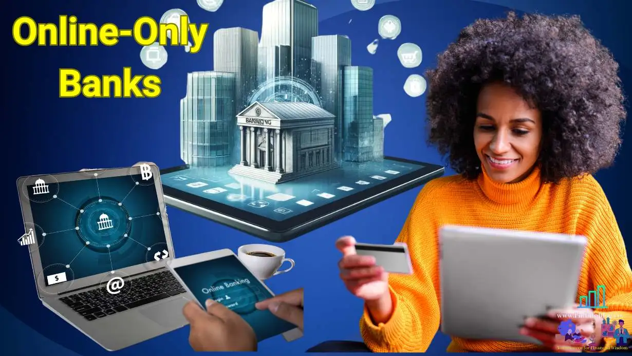 Smiling woman using a tablet with graphics of online-only banking features including virtual coins, a digital bank building, and banking icons on a futuristic blue interface