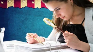 a woman looking at a pen and magnifying glass