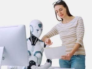Woman reviewing investment strategies with AI-powered robot in Portfolio Management.