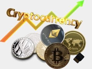 An upward financial trend graph with Bitcoin, Ethereum, and other cryptocurrencies, representing the cryptocurrency impact on market growth and digital finance.
