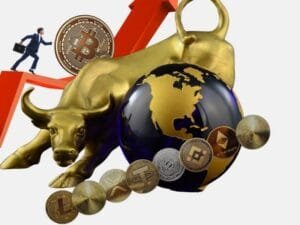 A golden bull representing financial growth, surrounded by cryptocurrency coins like Bitcoin, Ethereum, and Litecoin, symbolizing the cryptocurrency impact on global markets.