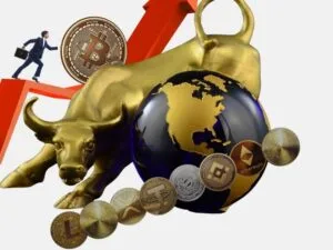 A golden bull representing financial growth, surrounded by cryptocurrency coins like Bitcoin, Ethereum, and Litecoin, symbolizing the cryptocurrency impact on global markets.