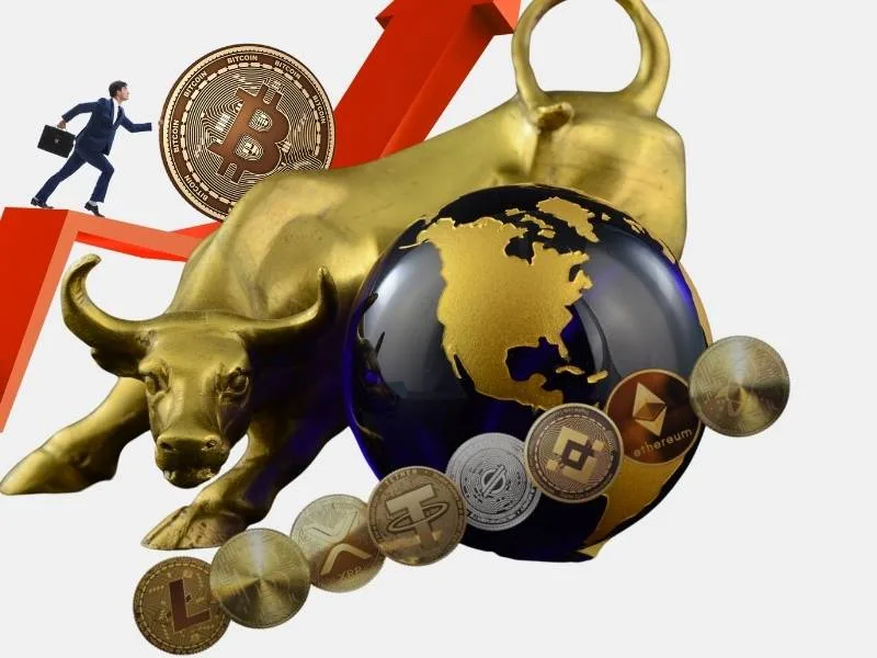A golden bull representing financial growth, surrounded by cryptocurrency coins like Bitcoin, Ethereum, and Litecoin, symbolizing the cryptocurrency impact on global markets.