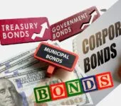 Various types of bonds, including Treasury bonds, municipal bonds, government bonds, and corporate bonds, with financial elements like U.S. dollar bills.