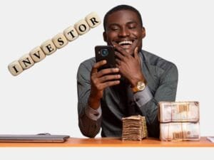Basics of Bonds: A happy investor looking at his phone, sitting at a desk with stacks of money, symbolizing financial success and smart investing.