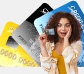 Best Credit Cards: A surprised woman holding a credit card with multiple colorful cards in the background, representing the best credit cards.