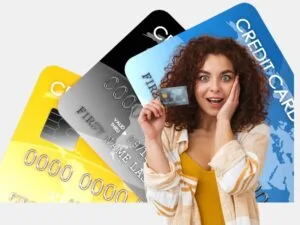 Best Credit Cards: A surprised woman holding a credit card with multiple colorful cards in the background, representing the best credit cards.