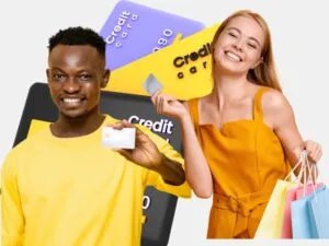 Best Credit Cards : A happy man and woman holding credit cards, with a background of multiple credit cards, showcasing the best credit cards for shopping.