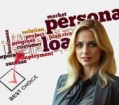 Best Personal Loans : Confident blonde businesswoman standing beside a word cloud related to the best personal loans.
