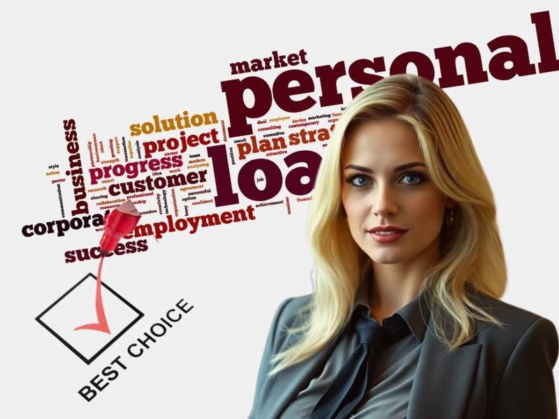 Best Personal Loans : Confident blonde businesswoman standing beside a word cloud related to the best personal loans.
