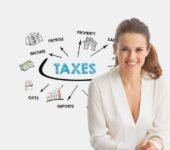Best Tax Planning: A smiling woman in a white outfit with a tax planning diagram behind her, showcasing various tax categories like income, payroll, property, and sales.