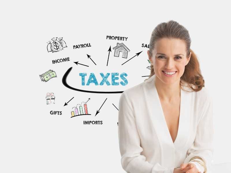 Best Tax Planning: A smiling woman in a white outfit with a tax planning diagram behind her, showcasing various tax categories like income, payroll, property, and sales.