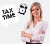 Best Tax Planning : A confident woman in a white blouse standing with arms crossed, next to a speech bubble that says "Tax Time" and an alarm clock.