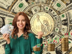 Smiling woman holding cash with financial charts and dollar coins, symbolizing Dollar-Cost Averaging.