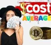 Woman holding cash with Bitcoin stacks, representing Dollar-Cost Averaging strategy.
