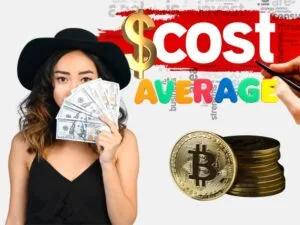 Woman holding cash with Bitcoin stacks, representing Dollar-Cost Averaging strategy.