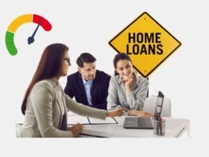 Loan officer assisting a couple with FHA loans for bad credit, featuring a home loan sign and a credit score gauge