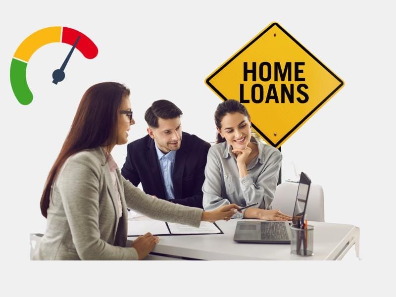 Loan officer assisting a couple with FHA loans for bad credit, featuring a home loan sign and a credit score gauge