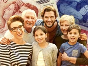 Financial Legacy : A happy multigenerational family smiling with a backdrop of currency notes, symbolizing financial legacy and wealth transfer.