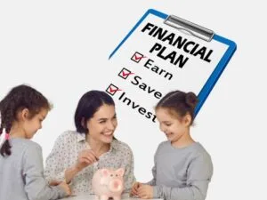 A mother teaching her two daughters about financial literacy with a piggy bank, alongside a checklist emphasizing earning, saving, and investing.