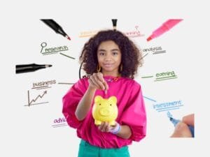 A young girl holding a piggy bank with financial literacy concepts like investment, research, and earning illustrated around her.