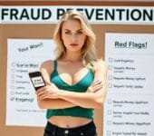 Financial Scams: Woman holding phone with “Scam Blocked” on screen, standing before fraud prevention board.