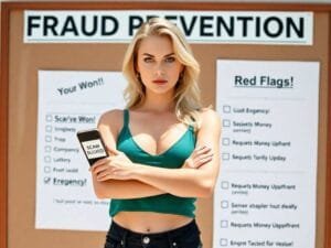 Financial Scams: Woman holding phone with “Scam Blocked” on screen, standing before fraud prevention board.
