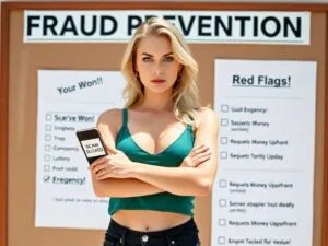Financial Scams: Woman holding phone with “Scam Blocked” on screen, standing before fraud prevention board.