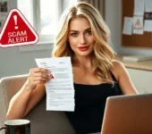 Financial Scams: Woman showing a scam alert notice with red warning sign.
