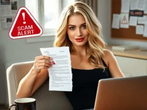 Financial Scams: Woman showing a scam alert notice with red warning sign.