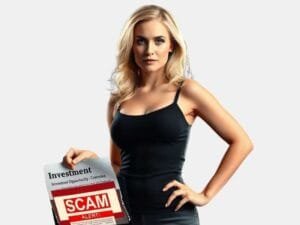 Financial Scams: Woman holding an investment scam alert warning.