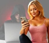 Financial Scams: Woman reading phone messages while a hacker lurks behind.