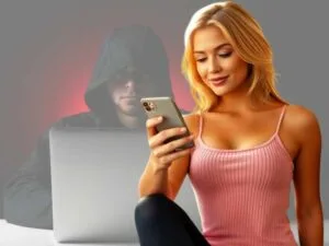Financial Scams: Woman reading phone messages while a hacker lurks behind.