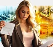 Woman holding phone with “Scam Blocked” on screen, standing before fraud prevention board.