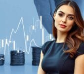 Generative AI in finance : A professional woman in a black dress with a financial chart and stacked coins in the background, representing Generative AI in finance.
