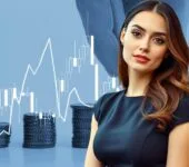 Generative AI in finance : A professional woman in a black dress with a financial chart and stacked coins in the background, representing Generative AI in finance.