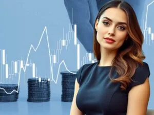 Generative AI in finance : A professional woman in a black dress with a financial chart and stacked coins in the background, representing Generative AI in finance.