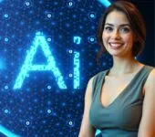 Generative AI in Finance : A smiling woman in a grey dress with a futuristic AI-themed digital background, symbolizing the role of Generative AI in finance.