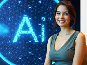Generative AI in Finance : A smiling woman in a grey dress with a futuristic AI-themed digital background, symbolizing the role of Generative AI in finance.