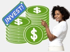Green Investing, A smiling woman pointing at stacks of green coins with an 'Invest!' sign, representing green investing and sustainable finance
