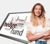 A smiling woman standing next to a digital tablet displaying a word cloud with "Hedge Fund" as the central term, representing hedge funds basics and investment concepts.