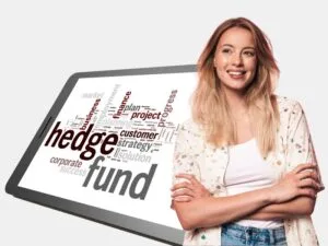 A smiling woman standing next to a digital tablet displaying a word cloud with "Hedge Fund" as the central term, representing hedge funds basics and investment concepts.