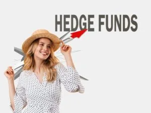 A cheerful woman in a polka-dot dress and straw hat pointing towards the words "Hedge Funds" with a red arrow breaking through the background, symbolizing financial growth and investment