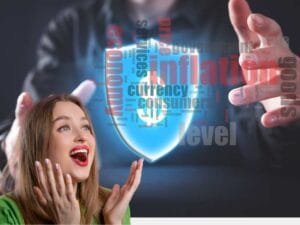 A glowing financial shield with the word 'Inflation' surrounded by economic terms, symbolizing the protective nature of inflation-linked bonds