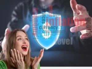 A glowing financial shield with the word 'Inflation' surrounded by economic terms, symbolizing the protective nature of inflation-linked bonds