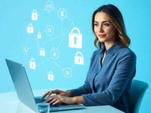 A professional woman using a laptop with digital security icons representing open banking advancements.