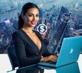 Open Banking Advancements : A businesswoman working on a laptop with financial technology icons over a city skyline.